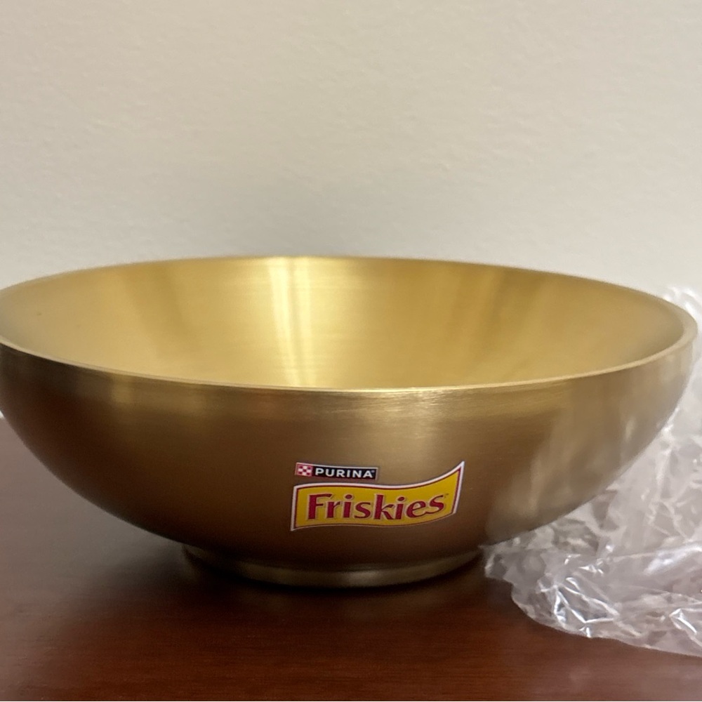 Purina Friskies Cat Feeding Food Bowl Dish Gold Aluminum New